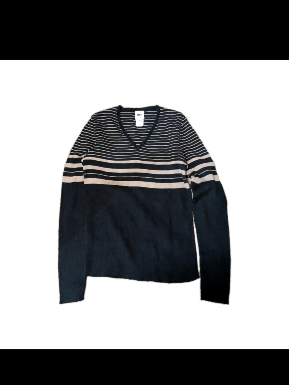 Y2K DKNY Black And Beige V-Neck Striped Long Sleeve Sweater Top